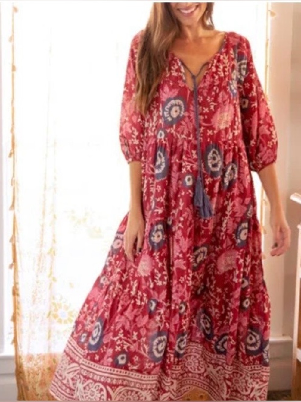 Auguste Boho Maxi Dress - Red Pink Border